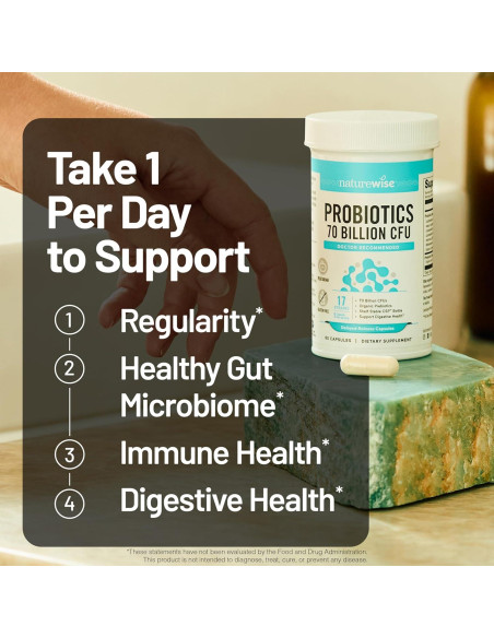 NatureWise Probióticos 70 Mil Millones CFU - 17 Cepas + Prebióticos - 30 Cápsulas