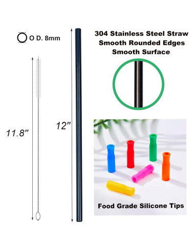 6 Pajitas de Metal Negras Wobye 30.5 cm con Punta de Silicona