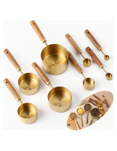 Juego de 8 Tazas y Cucharas Medidoras Yuzi Doradas con Mango de Madera