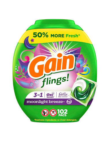 Gain Flings Detergente para Ropa 102 Pacs Aroma Brisa de Luna