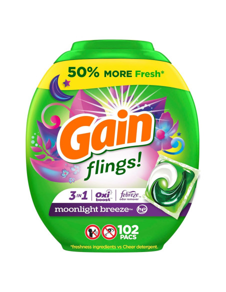 Gain Flings Detergente para Ropa 102 Pacs Aroma Brisa de Luna