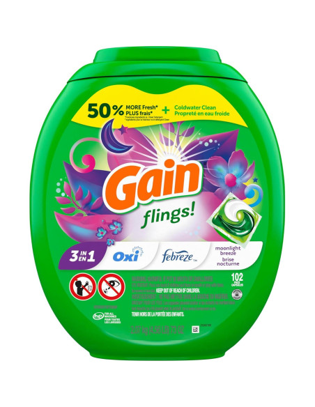 Gain Flings Detergente para Ropa 102 Pacs Aroma Brisa de Luna