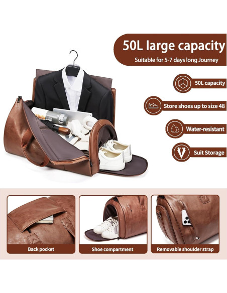 Bolsa de Garment de Cuero PU Marrón 50L 2 en 1 Impermeable Bolsa de Garment de Cuero PU Marrón 50L 2 en 1 Impermeable