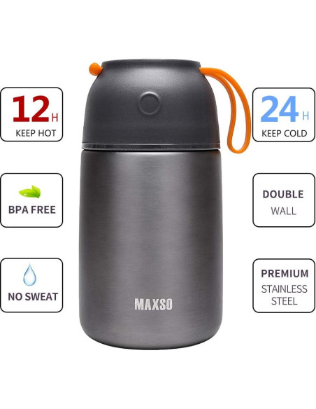 MAXSO 2 Tarros de Comida Termo Aislados 0.68L y 0.48L Gris