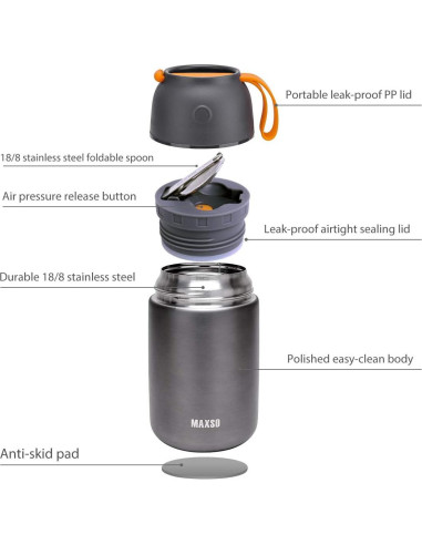 MAXSO 2 Tarros de Comida Termo Aislados 0.68L y 0.48L Gris