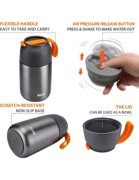 MAXSO 2 Tarros de Comida Termo Aislados 0.68L y 0.48L Gris