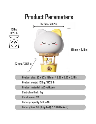 Luz Nocturna Recargable Gato KVPPVT 3 Niveles de Brillo