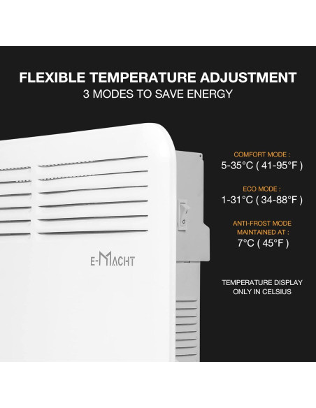 Calentador Eléctrico E-Macht 1000W con Termostato Ajustable