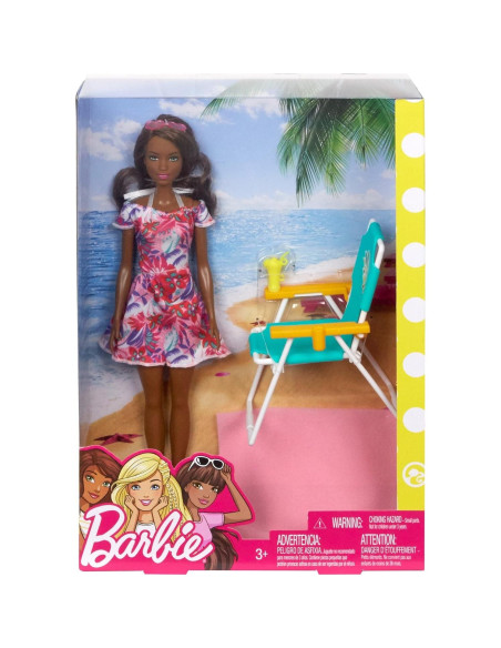 Muñeca Barbie Playa con Silla, Manta y Bebida Tropical