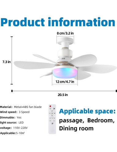 Ventilador de Techo con Luz AHXIAOZN Blanco RGB 52cm