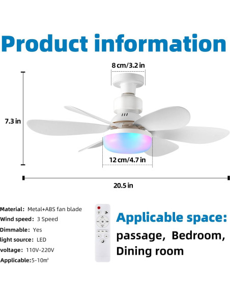 Ventilador de Techo con Luz AHXIAOZN Blanco RGB 52cm