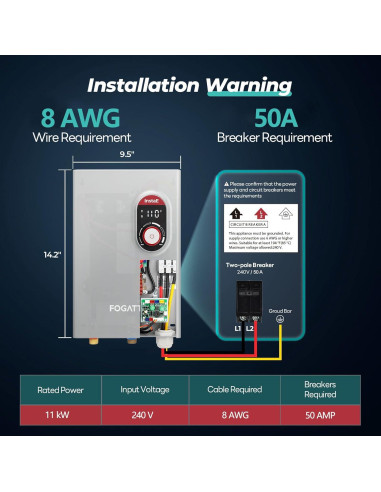 Calentador de Agua Eléctrico Sin Tanque FOGATTI 11kW 240V 9.8 LPM