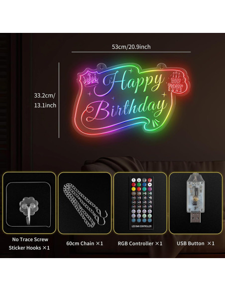 Letrero de Neón LED Feliz Cumpleaños MissAudrey 55x34 cm RGB