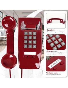 Teléfono de Pared Retro LeHan con Timbre Mecánico Rojo 2