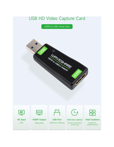 Captura de Video HDMI a USB Waveshare 4K 1080P para Streaming