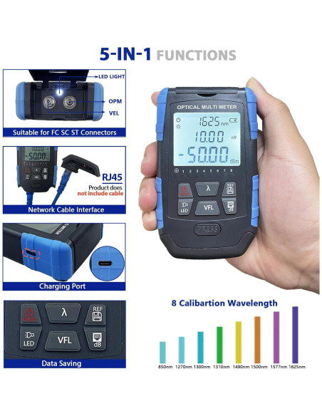Probador de Cable de Fibra Óptica 5-en-1 Groword - Medidor Portátil