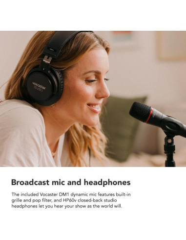 Focusrite Vocaster One Studio - Interfaz de Podcasting con Micrófono DM1 y Auriculares HP60v