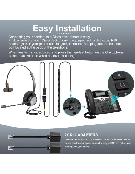 Auricular de Teléfono Emaiker Un Oído con Cable RJ9 para Cisco