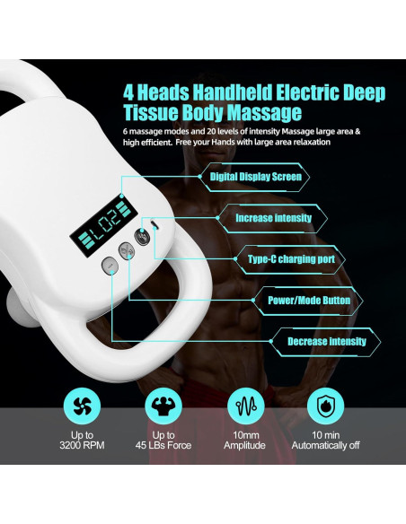 Pistola de Masaje SUPBAND HY-ST2024, 4 Cabezas, Alivio Muscular