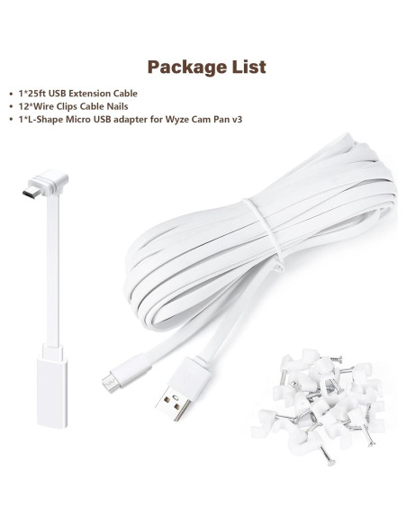 Cable de Extensión Micro USB 7.5m Goldtime para WYZE Cam
