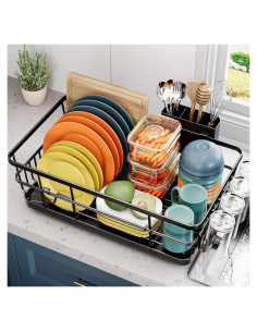 Escurridor de Platos Grande Urackify con Drenaje Automático Negro