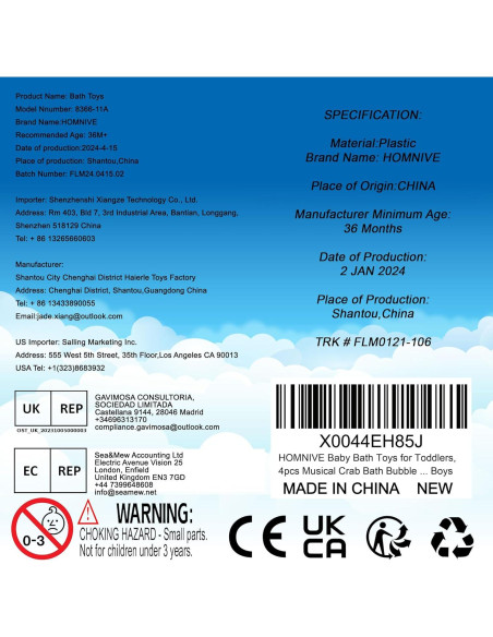 Juguetes de Baño Musical Cangrejo HOMNIVE - 4 Piezas
