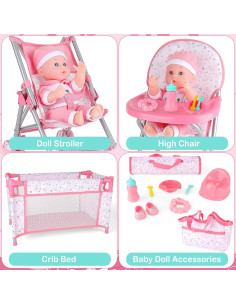Conjunto de Carrito de Muñeca deAO con Accesorios y Cuna 2