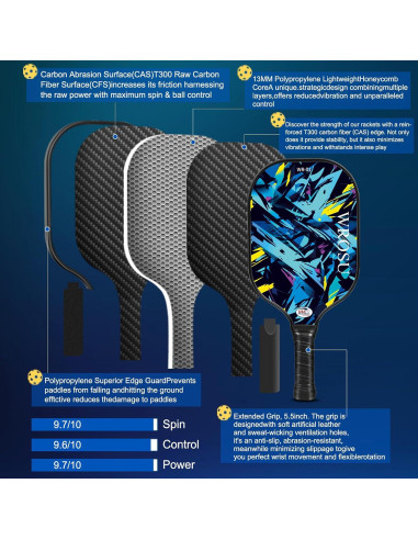 Juego de Palas de Pickleball WROSU de Fibra de Carbono - 2 Unidades