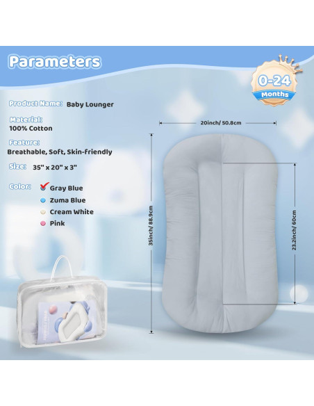 Cuna Nido para Bebés Algodón Suave Azul Grisáceo - 0-24 Meses