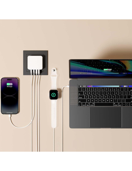 Cargador de pared USB C Nekmit 65W, 4 puertos, blanco