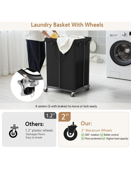 Cesta de Lavandería Grande ZATOCL 150L con Ruedas y Bolsa Extraíble