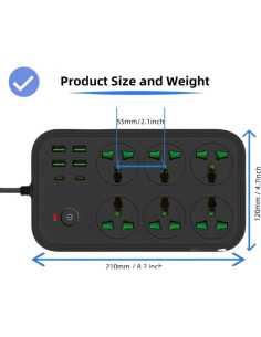 Regleta de 12 en 1 COOFINE con USB C y 6 tomas 3000W 2