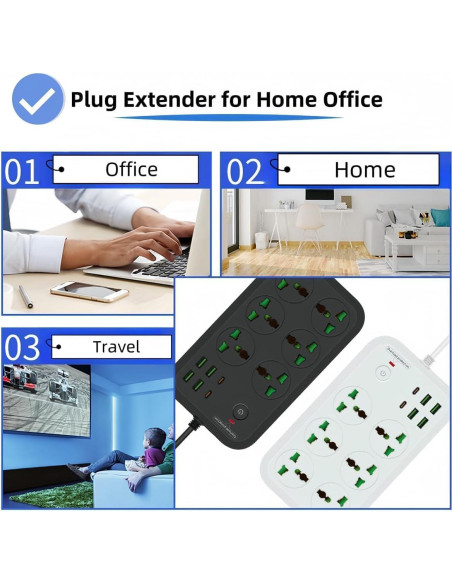 Regleta de 12 en 1 COOFINE con USB C y 6 tomas 3000W