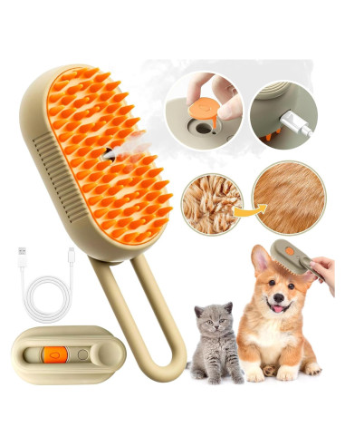 Cepillo de vapor recargable 3 en 1 para mascotas - Aseo y masaje