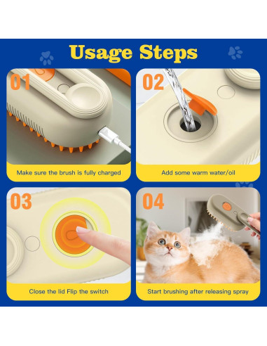 Cepillo de vapor recargable 3 en 1 para mascotas - Aseo y masaje