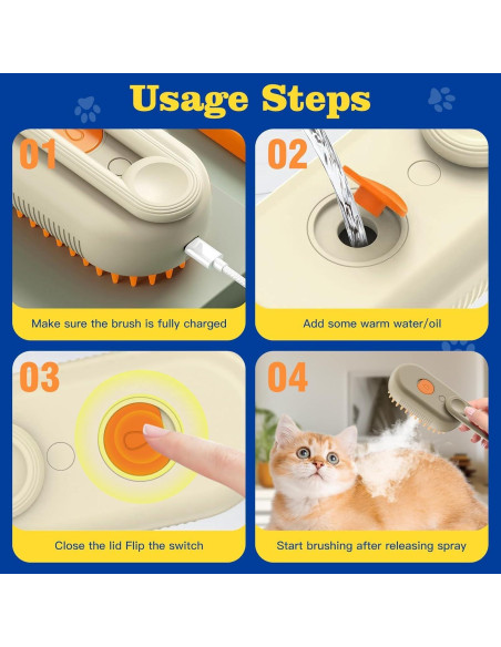 Cepillo de vapor recargable 3 en 1 para mascotas - Aseo y masaje