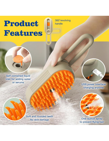 Cepillo de vapor recargable 3 en 1 para mascotas - Aseo y masaje