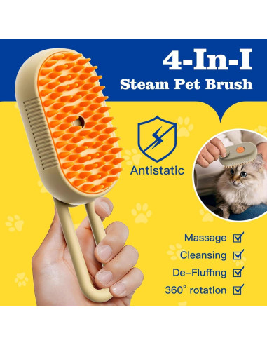 Cepillo de vapor recargable 3 en 1 para mascotas - Aseo y masaje