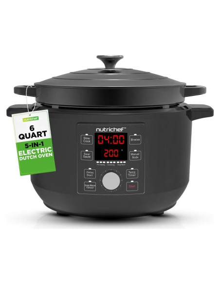 Horno Holandés Eléctrico NutriChef 6L 1500W con Tapa Inoxidable