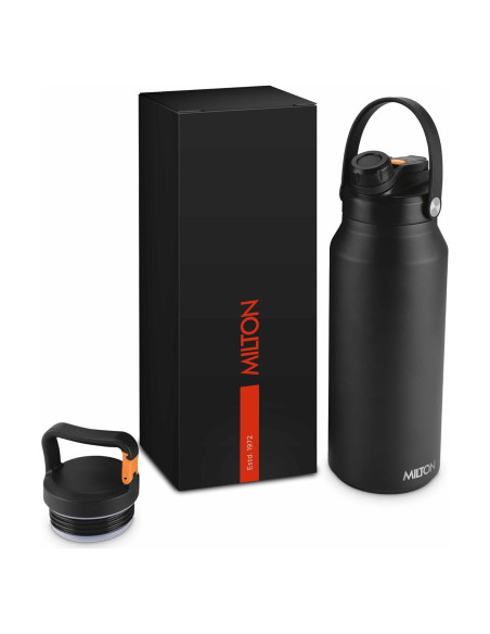 Botella de Agua de Acero Inoxidable Milton 1.18L Negra con 2 Tapas