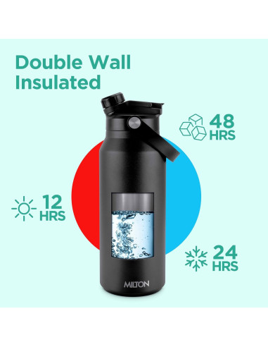 Botella de Agua de Acero Inoxidable Milton 1.18L Negra con 2 Tapas