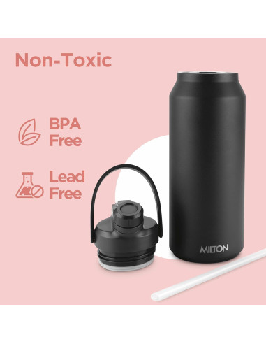 Botella de Agua de Acero Inoxidable Milton 1.18L Negra con 2 Tapas