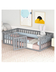 Cama Montessori en el Suelo Bellemave Twin con Cerca y Puerta Gris