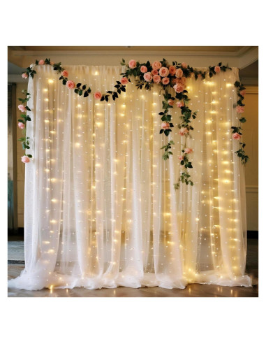 Cortina de fondo de tul blanca perla 3m con luces LED Quandjk