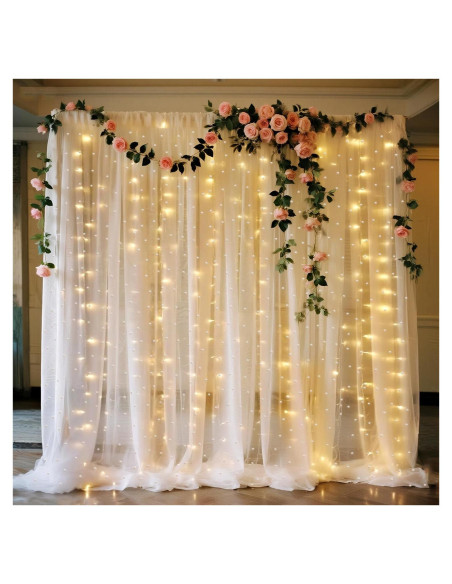 Cortina de fondo de tul blanca perla 3m con luces LED Quandjk