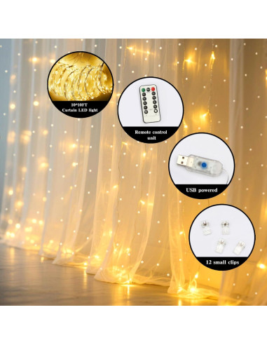 Cortina de fondo de tul blanca perla 3m con luces LED Quandjk