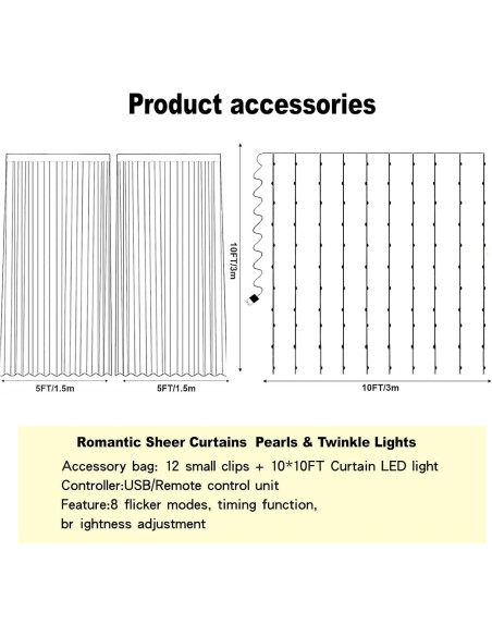 Cortina de fondo de tul blanca perla 3m con luces LED Quandjk
