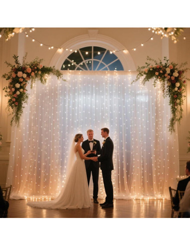 Cortina de fondo de tul blanca perla 3m con luces LED Quandjk