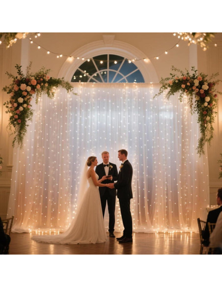 Cortina de fondo de tul blanca perla 3m con luces LED Quandjk