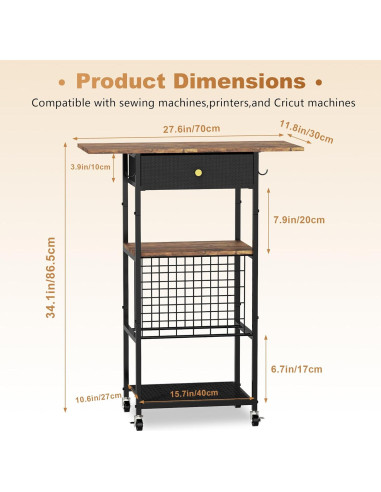 Mesa de Manualidades Rodante ORNAROVI con Almacenamiento Negro